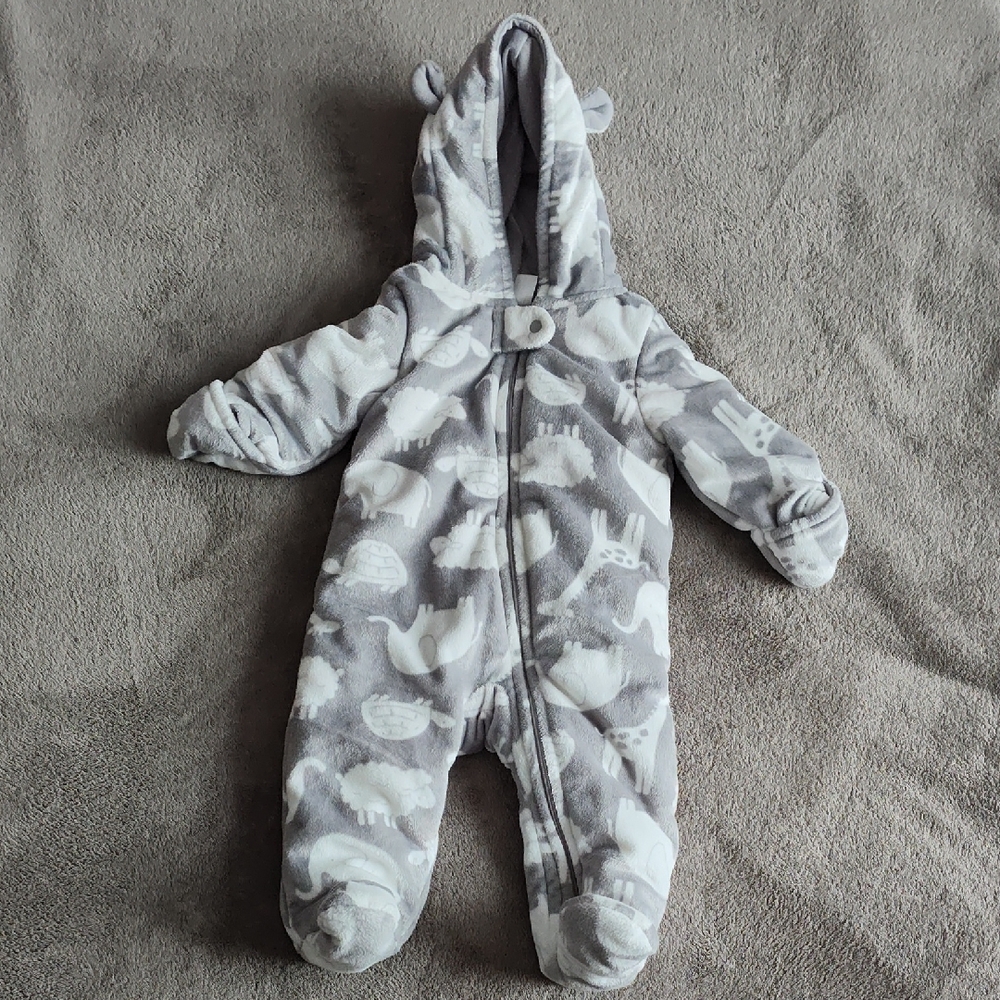 Gray & White Baby Animal Print Hooded Snowsuit